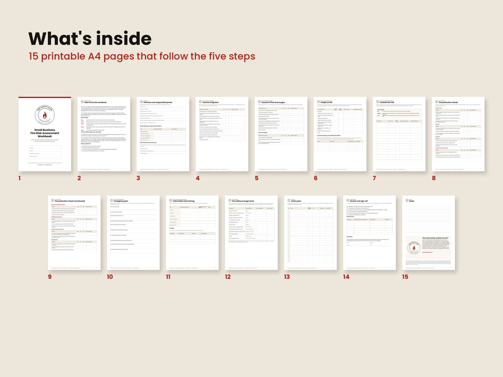 All 15 pages of the Fire Risk Assessment Workbook laid out in order