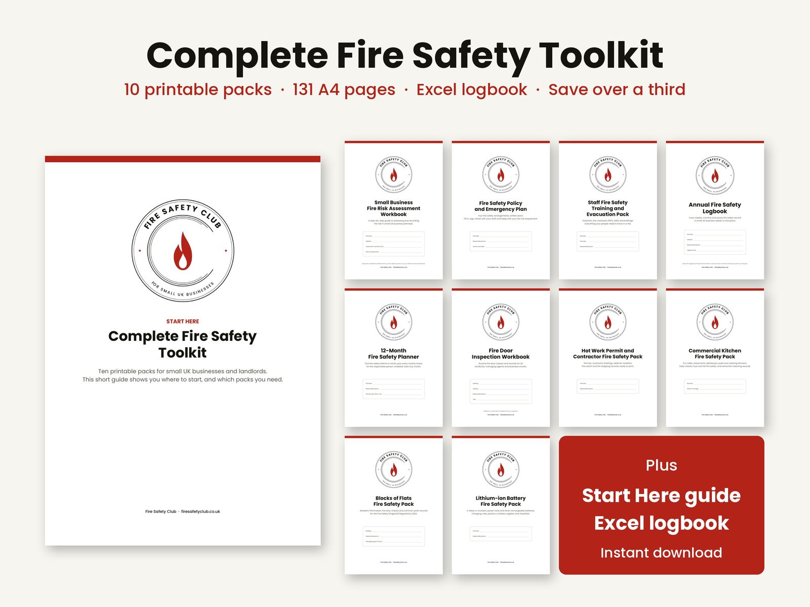 The Complete Fire Safety Toolkit: the Start Here guide and the covers of all ten printable packs
